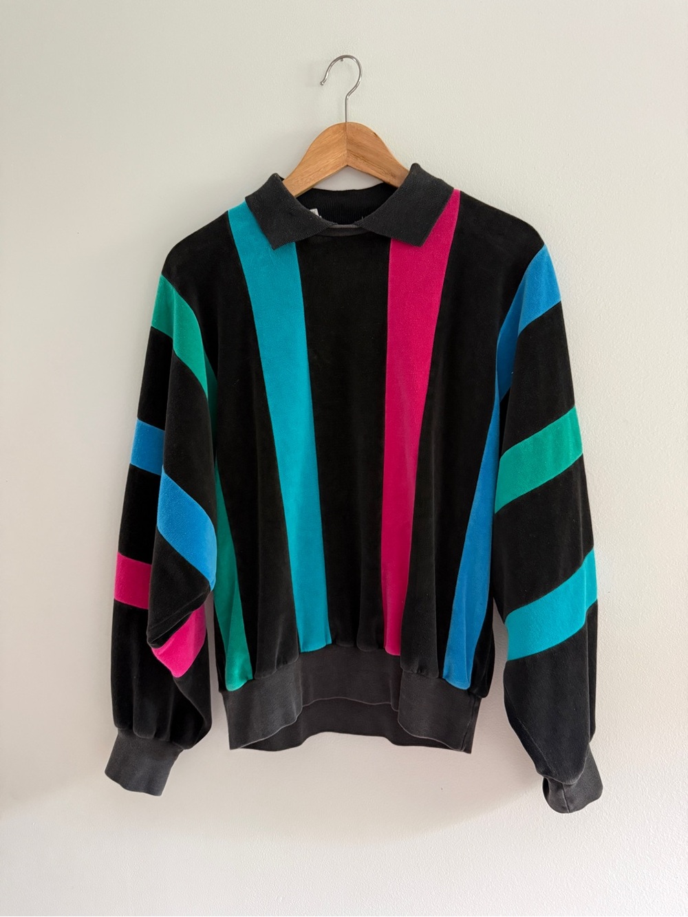 Vintage 80s Black velour Sweater with Teal and magenta Stripes by Michele Palmer